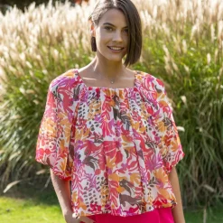 Blouse élastiquée manches blousantes, mousseline multicolore