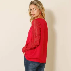 Blouse macramé col V manches longues, crêpe fluide