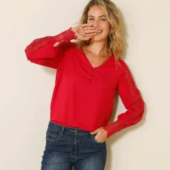Blouse macramé col V manches longues, crêpe fluide
