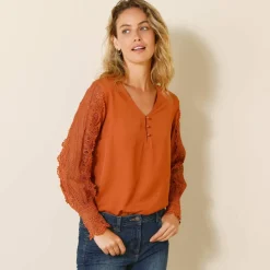Blouse macramé col V manches longues, crêpe fluide