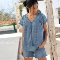 Blouse macramé, crépon coton
