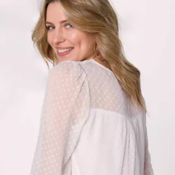 Blouse macramé unie, voile plumetis