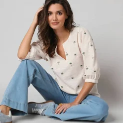 Blouse manches 3/4, broderies palmiers