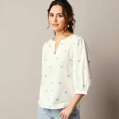 Blouse manches 3/4, broderies papillons