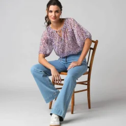 Blouse manches coude voile chiffon, col froncé