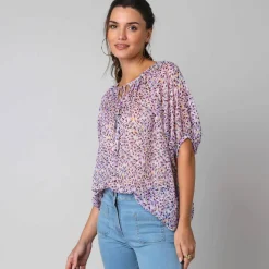 Blouse manches coude voile chiffon, col froncé