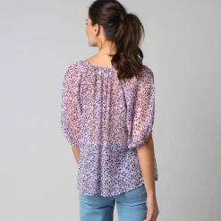 Blouse manches coude voile chiffon, col froncé