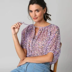 Blouse manches coude voile chiffon, col froncé