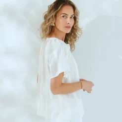Blouse manches courtes finitions en macramé, unie