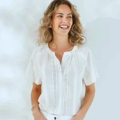 Blouse manches courtes finitions en macramé, unie