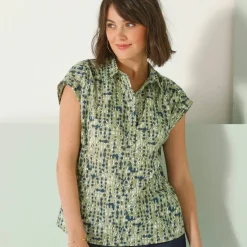 Blouse manches courtes à revers, imprimé minimaliste