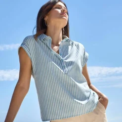 Blouse manches courtes à revers, rayures bicolores
