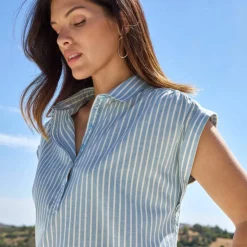 Blouse manches courtes à revers, rayures bicolores