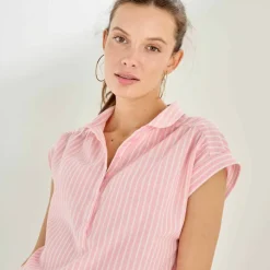 Blouse manches courtes à revers, rayures bicolores