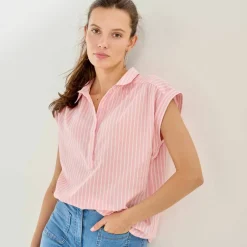 Blouse manches courtes à revers, rayures bicolores