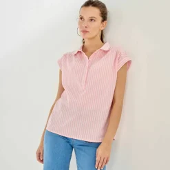 Blouse manches courtes à revers, rayures bicolores