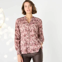 Blouse plissée imprimé fleuri, voile