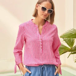 Blouse rayée en seersucker, nouettes aux manches