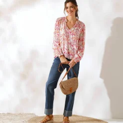 Blouse smockée col volanté, voile imprimée