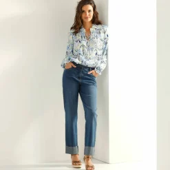 Blouse smockée col volanté, voile imprimée