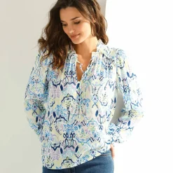 Blouse smockée col volanté, voile imprimée