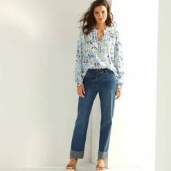 Blouse smockée col volanté, voile imprimée