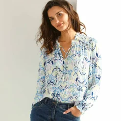 Blouse smockée col volanté, voile imprimée