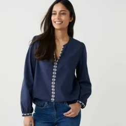 Blouse unie brodée en coton, col fendu