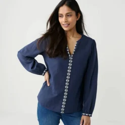 Blouse unie brodée en coton, col fendu