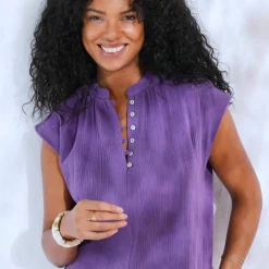 Blouse unie col mao en gaze de coton