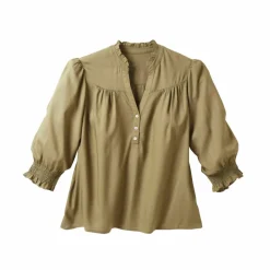 Blouse unie col tunisien, manches coudes smockées