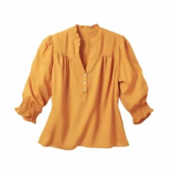 Blouse unie col tunisien, manches coudes smockées