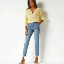 Blouse unie macramé, manches brodées