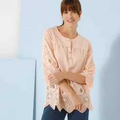 Blouse unie manches 3/4, broderie anglaise