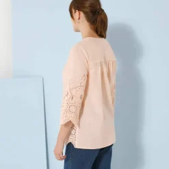 Blouse unie manches 3/4, broderie anglaise