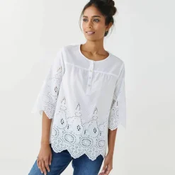 Blouse unie manches 3/4, broderie anglaise