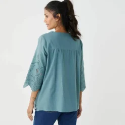 Blouse unie manches 3/4, broderie anglaise