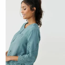 Blouse unie manches 3/4, broderie anglaise