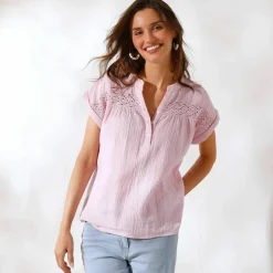 Blouse unie manches courtes, double gaze de coton