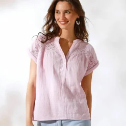 Blouse unie manches courtes, double gaze de coton