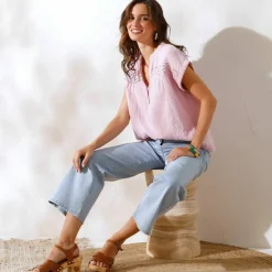 Blouse unie manches courtes, double gaze de coton