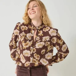 Blouse volantée imprimée floral, crépon