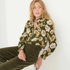 Blouse volantée imprimée floral, crépon