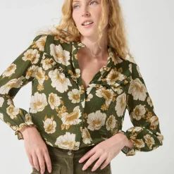 Blouse volantée imprimée floral, crépon