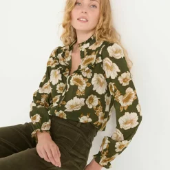 Blouse volantée imprimée floral, crépon