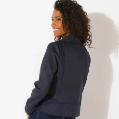 Blouson zippé col tailleur pressionné, suédine