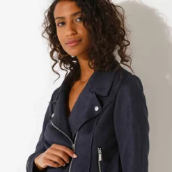 Blouson zippé col tailleur pressionné, suédine
