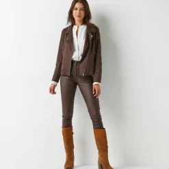 Blouson zippé col tailleur pressionné, suédine
