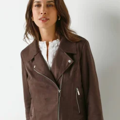 Blouson zippé col tailleur pressionné, suédine