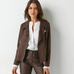 Blouson zippé col tailleur pressionné, suédine